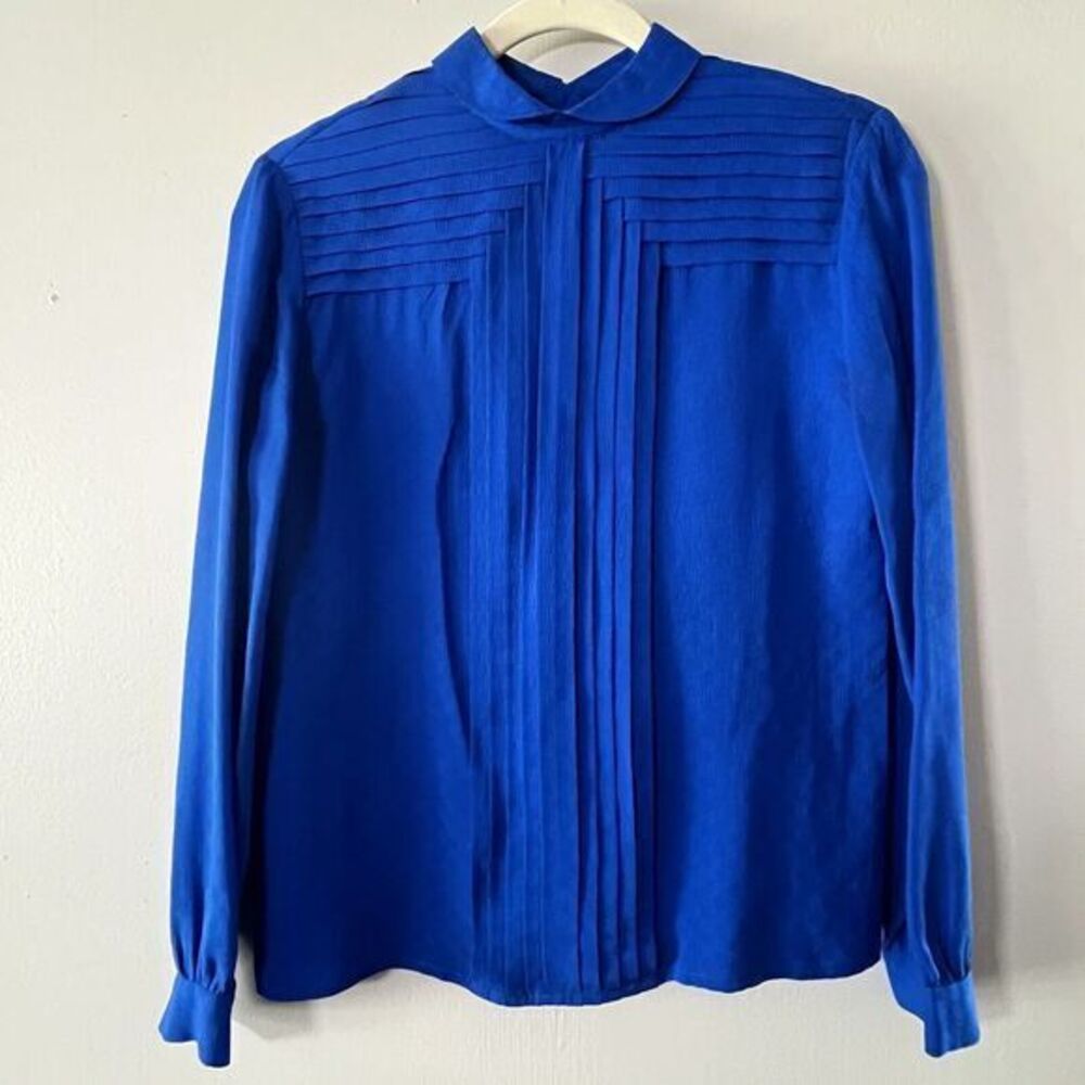 VTG Top Silk‎ Womens 4 Blue CHR 90s Cobalt Pleated Design Blouse Shirt Buttons